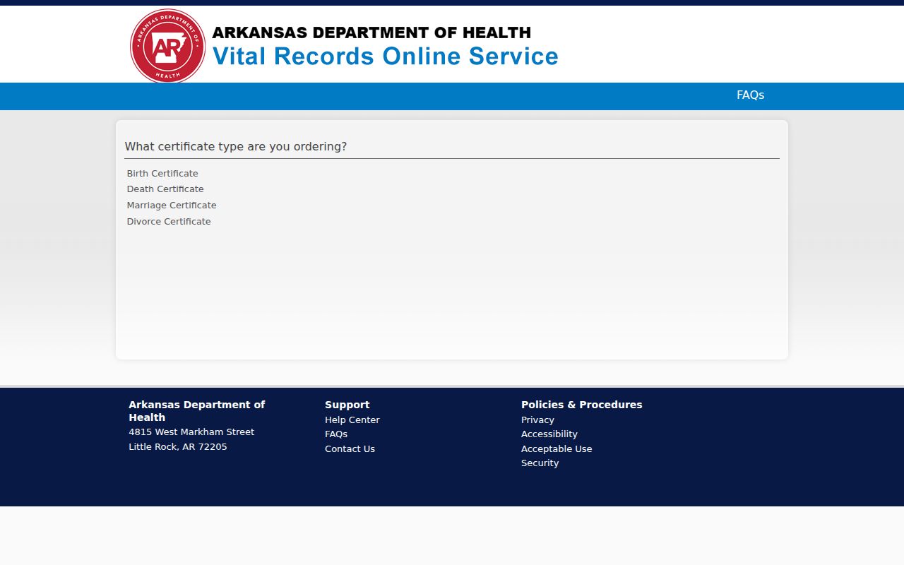 Little Rock people search Arkansas vital-record document selector